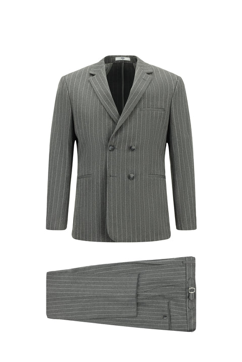 Medium Gray 7 Drop Slim Fit Striped Double-Breasted Suit with Buckle Waist