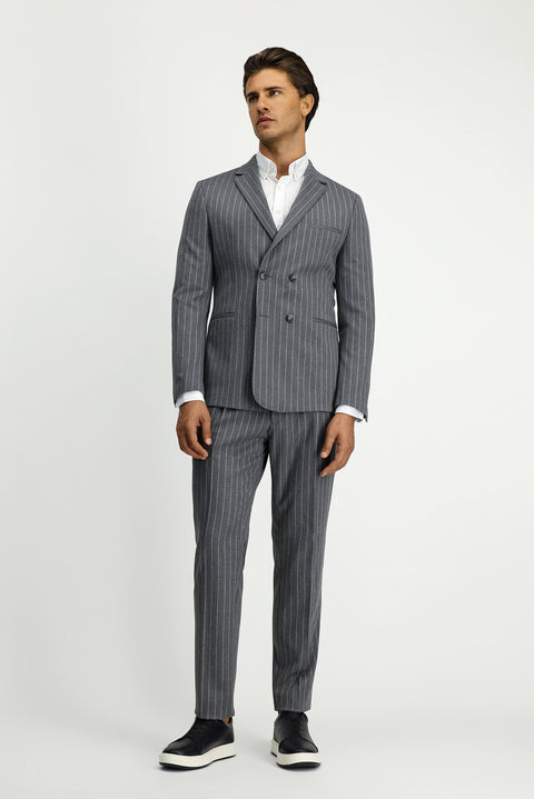 Medium Gray 7 Drop Slim Fit Striped Double-Breasted Suit with Buckle Waist