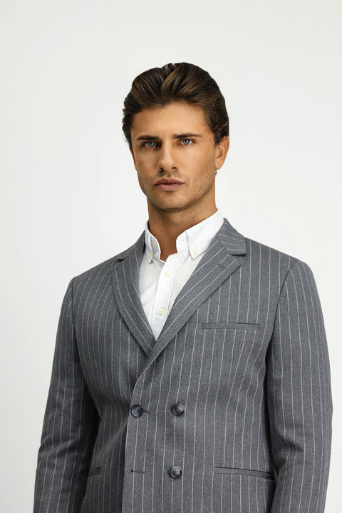 Medium Gray 8 Drop Muscle Fit Long Athletic Cut Striped Double-Breasted Suit with Buckle Waist