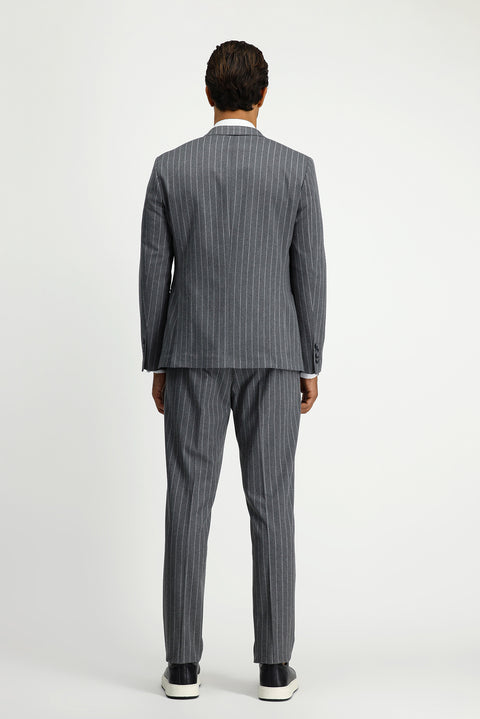 Medium Gray 8 Drop Muscle Fit Long Athletic Cut Striped Double-Breasted Suit with Buckle Waist
