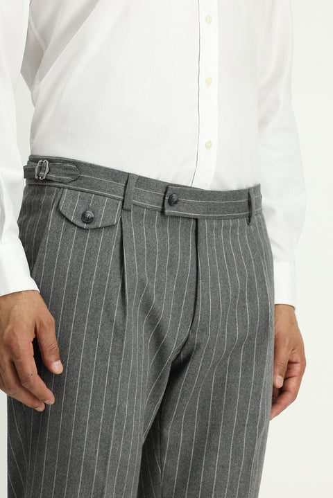 Medium Gray 7 Drop Slim Fit Striped Double-Breasted Suit with Buckle Waist