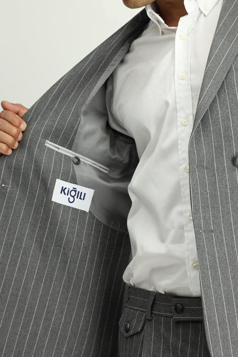 Medium Gray 8 Drop Muscle Fit Long Athletic Cut Striped Double-Breasted Suit with Buckle Waist