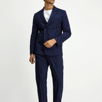 Medium Navy 8 Drop Muscle Fit Long Athletic Cut Striped Double-Breasted Suit with Buckle Waist
