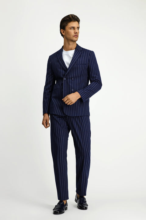 Medium Navy 8 Drop Muscle Fit Long Athletic Cut Striped Double-Breasted Suit with Buckle Waist