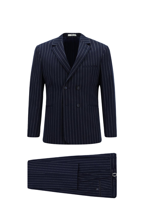 Medium Navy 8 Drop Muscle Fit Long Athletic Cut Striped Double-Breasted Suit with Buckle Waist