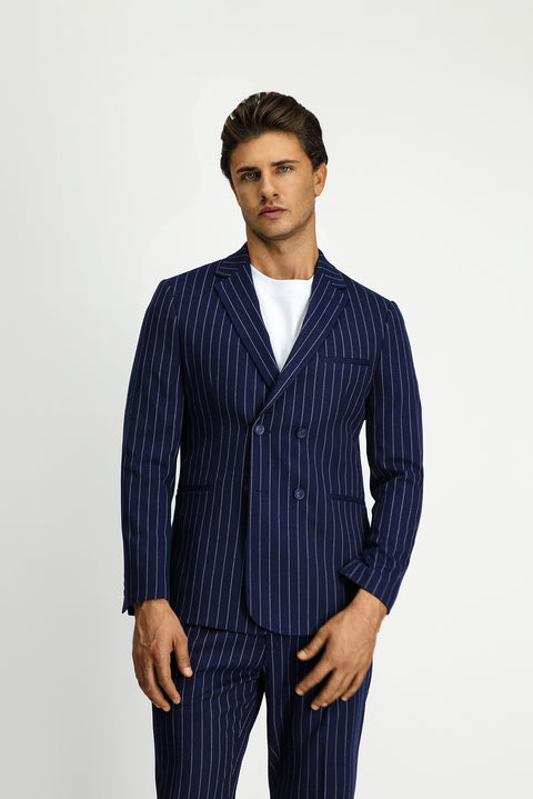 Medium Navy 8 Drop Muscle Fit Long Athletic Cut Striped Double-Breasted Suit with Buckle Waist