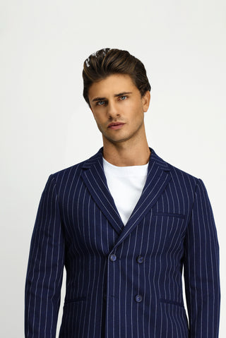  Orta Lacivert 7 Drop Slim Fit Dar Kesim Çizgili Beli Tokalı Kruvaze Takım Elbise