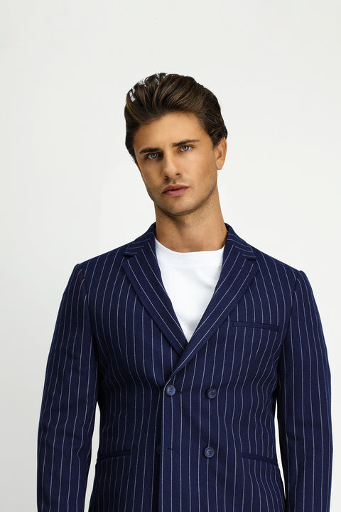 Medium Navy 7 Drop Slim Fit Striped Double-Breasted Suit with Buckle Waist