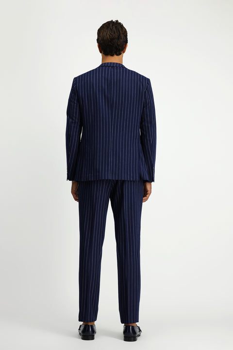 Medium Navy 8 Drop Muscle Fit Long Athletic Cut Striped Double-Breasted Suit with Buckle Waist