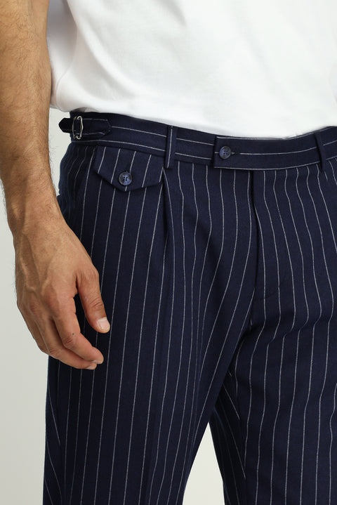 Medium Navy 7 Drop Slim Fit Striped Double-Breasted Suit with Buckle Waist