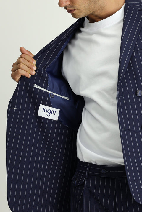 Medium Navy 7 Drop Slim Fit Striped Double-Breasted Suit with Buckle Waist
