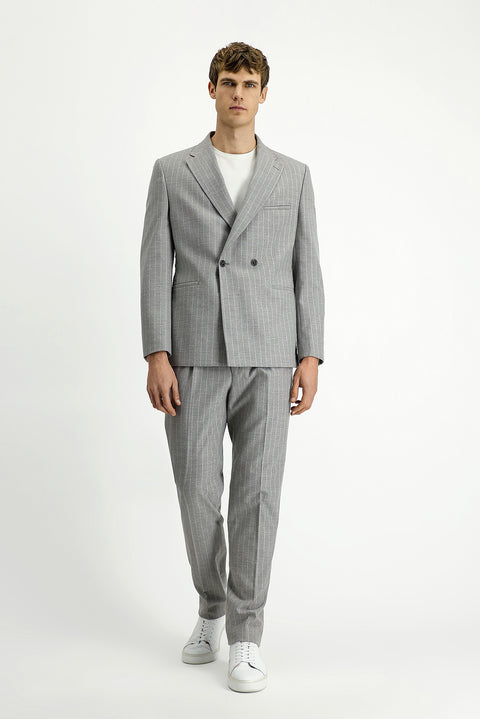 Light Mink 7 Drop Slim Fit Striped Double-Breasted Suit with Buckle Waist