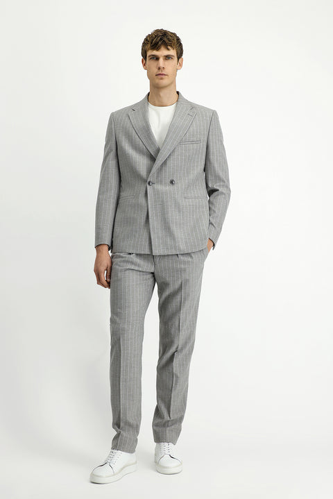 Light Mink 8 Drop Muscle Fit Long Athletic Cut Striped Double-Breasted Suit with Buckle Waist