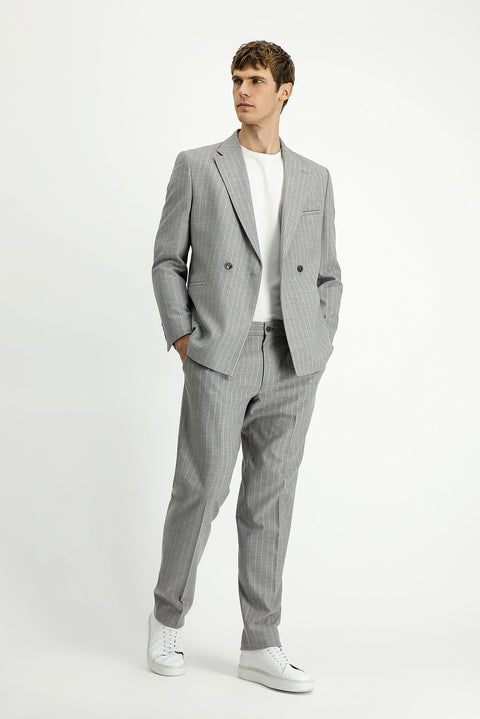 Light Mink 8 Drop Muscle Fit Long Athletic Cut Striped Double-Breasted Suit with Buckle Waist