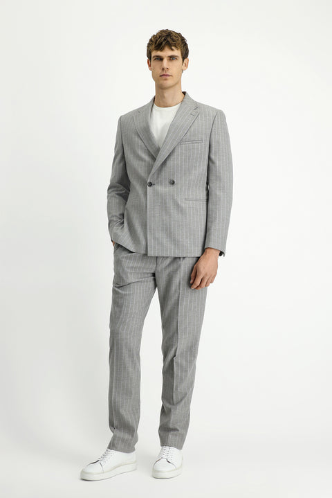 Light Mink 7 Drop Slim Fit Striped Double-Breasted Suit with Buckle Waist