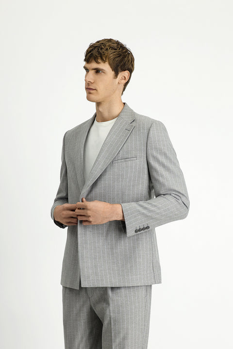 Light Mink 8 Drop Muscle Fit Long Athletic Cut Striped Double-Breasted Suit with Buckle Waist