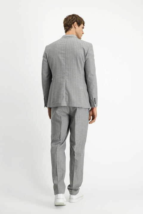 Light Mink 8 Drop Muscle Fit Long Athletic Cut Striped Double-Breasted Suit with Buckle Waist