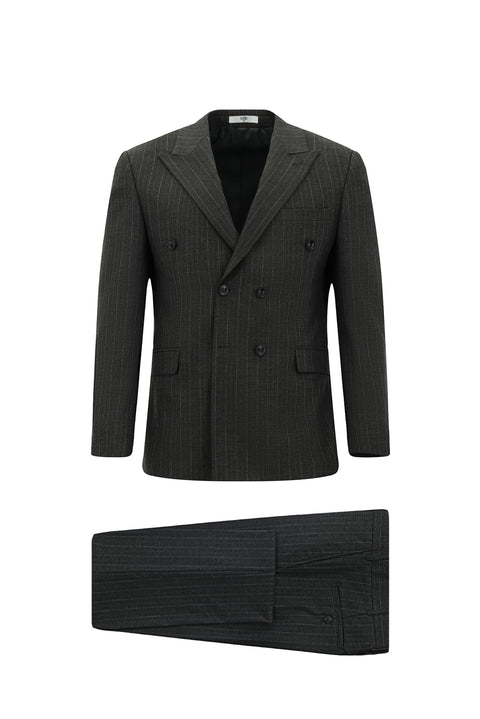Dark Gray 7 Drop Slim Fit Striped Double-Breasted Suit