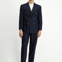 Dark Navy 4-Drop Relaxed Fit Striped Double-Breasted Suit