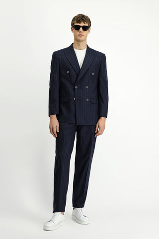  Koyu Lacivert 7 Drop Slim Fit Dar Kesim Çizgili Kruvaze Takım Elbise