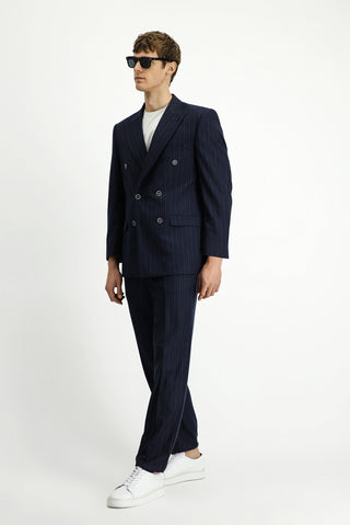  Koyu Lacivert 7 Drop Slim Fit Dar Kesim Çizgili Kruvaze Takım Elbise