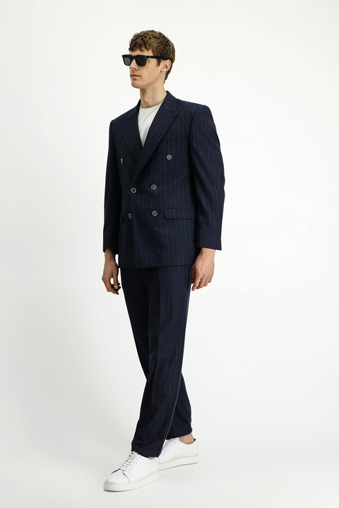 Dark Navy 7 Drop Slim Fit Striped Double-Breasted Suit