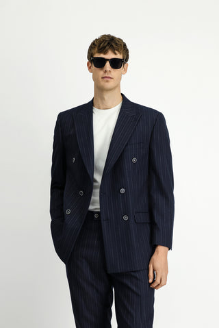  Koyu Lacivert 7 Drop Slim Fit Dar Kesim Çizgili Kruvaze Takım Elbise