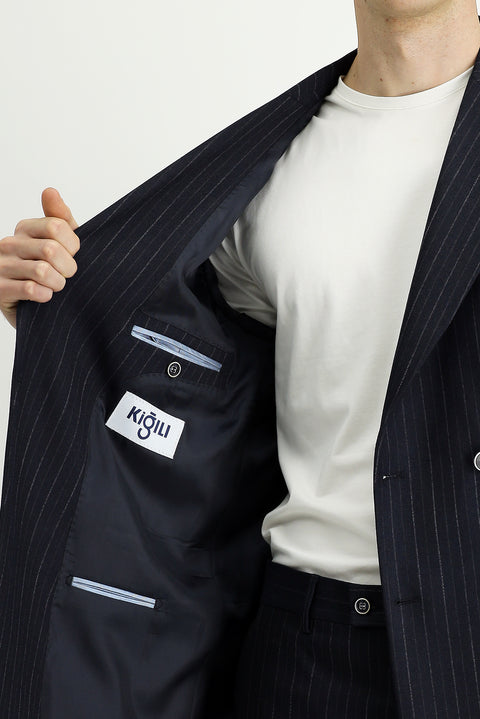 Dark Navy 7 Drop Slim Fit Striped Double-Breasted Suit