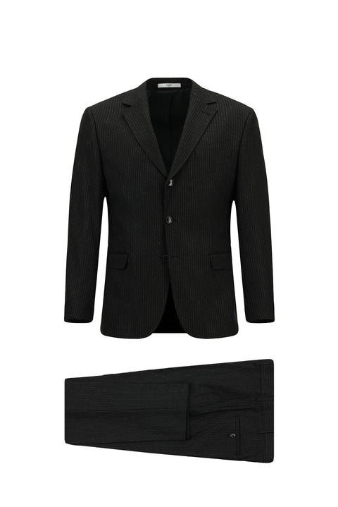 Black 6-Drop Regular Fit Standard Cut Striped Suit