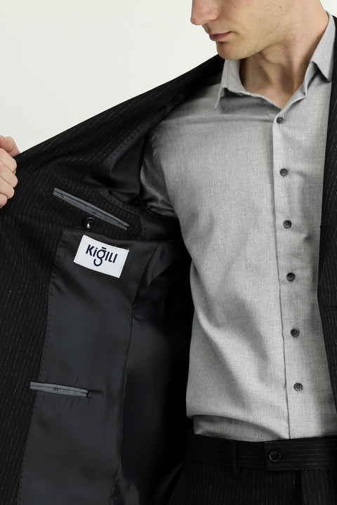 Black 6-Drop Regular Fit Standard Cut Striped Suit