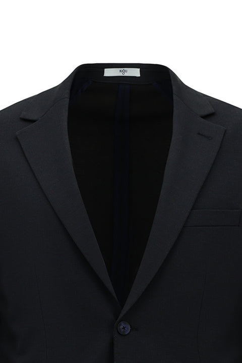Medium Navy 8 Drop Long Slim Fit Long Narrow Cut Mono-Neck Elasticated Waist Drawstring Knitted Lycra Stretch Striped Half Lining Suit