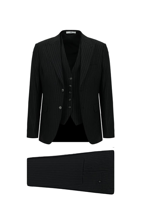 Black 6 Drop Regular Fit Standard Cut Striped Suit with Vest