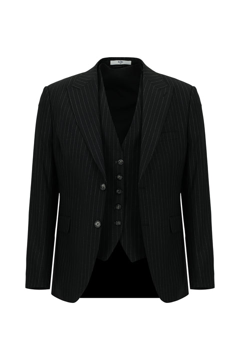 Black 6 Drop Regular Fit Standard Cut Striped Suit with Vest