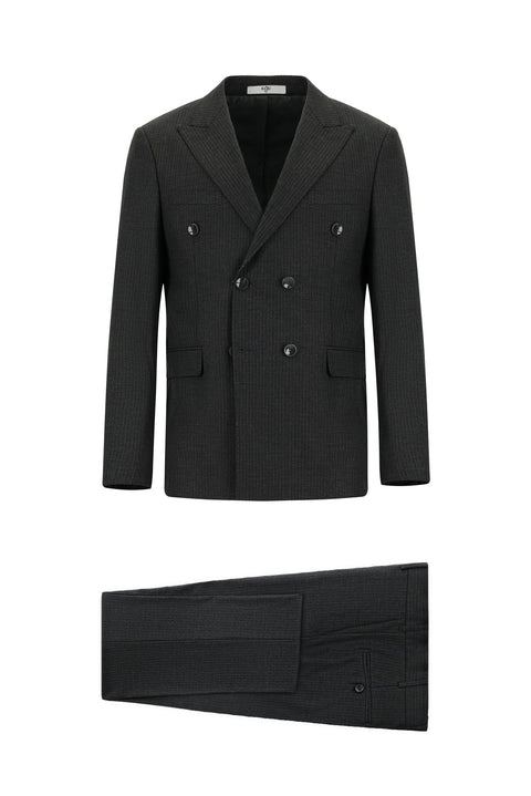 Dark Gray 7 Drop Super Slim Fit Extra Narrow Cut Striped Wool Double-Breasted Suit