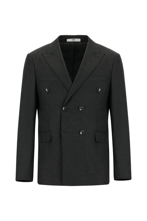 Koyu Füme 7 Drop Slim Fit Dar Kesim Çizgili Yünlü Kruvaze Takım Elbise