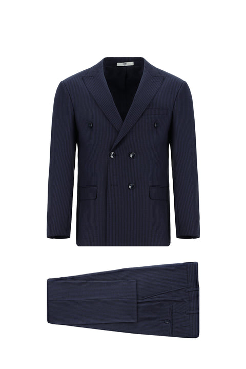 Dark Navy 7 Drop Super Slim Fit Extra Narrow Cut Striped Wool Double-Breasted Suit