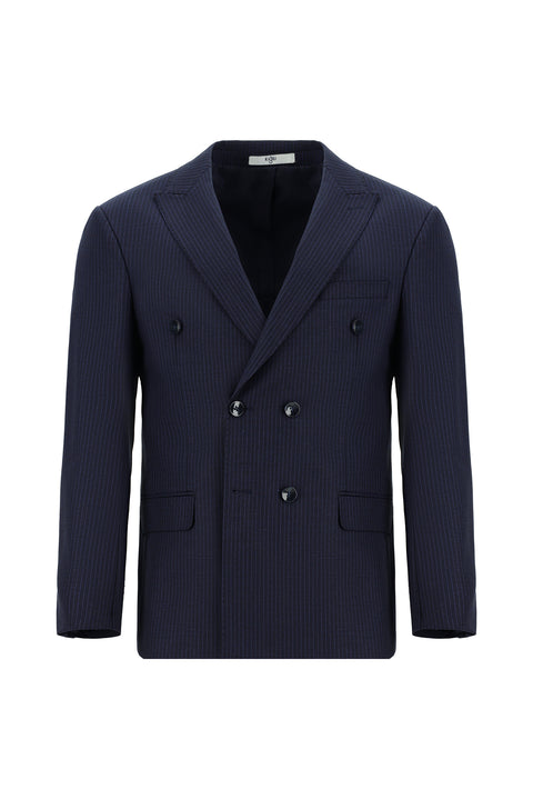 Dark Navy 7 Drop Super Slim Fit Extra Narrow Cut Striped Wool Double-Breasted Suit