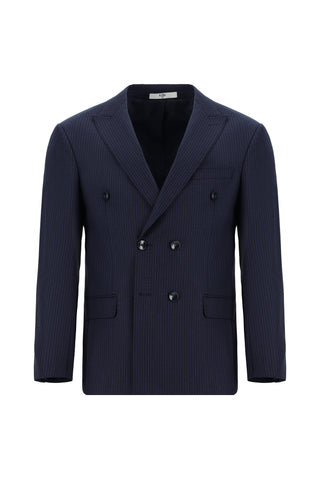  Koyu Lacivert 7 Drop Slim Fit Dar Kesim Çizgili Yünlü Kruvaze Takım Elbise