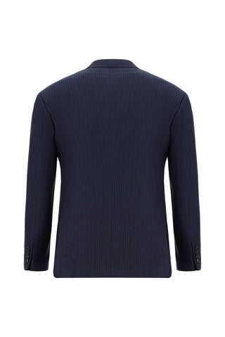  Koyu Lacivert 7 Drop Super Slim Fit Eksra Dar Kesim Çizgili Yünlü Kruvaze Takım Elbise