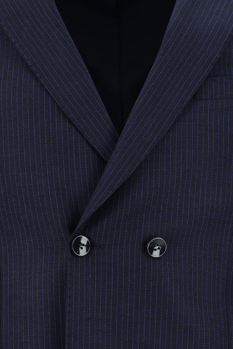 Dark Navy 7 Drop Super Slim Fit Extra Narrow Cut Striped Wool Double-Breasted Suit
