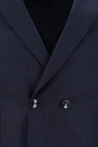 Koyu Lacivert 7 Drop Slim Fit Dar Kesim Çizgili Yünlü Kruvaze Takım Elbise