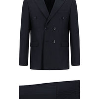 Black and Navy Blue 7 Drop Slim Fit Striped Wool Double-Breasted Suit