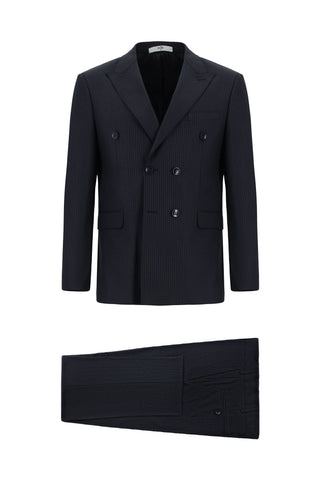  Siyah Lacivert 7 Drop Slim Fit Dar Kesim Çizgili Yünlü Kruvaze Takım Elbise