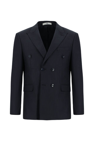  Siyah Lacivert 7 Drop Super Slim Fit Eksra Dar Kesim Çizgili Yünlü Kruvaze Takım Elbise