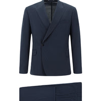 Dark Navy 7 Drop Slim Fit Narrow Cut Wool Striped Elasticated Waist Drawstring Double-Breasted Suit