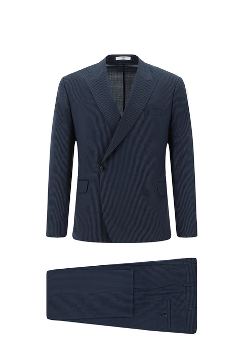 Dark Navy 7 Drop Slim Fit Narrow Cut Wool Striped Elasticated Waist Drawstring Double-Breasted Suit