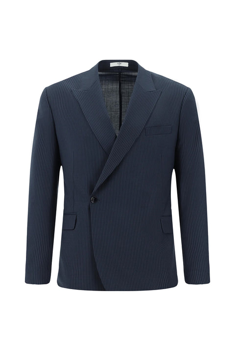 Dark Navy 7 Drop Slim Fit Narrow Cut Wool Striped Elasticated Waist Drawstring Double-Breasted Suit