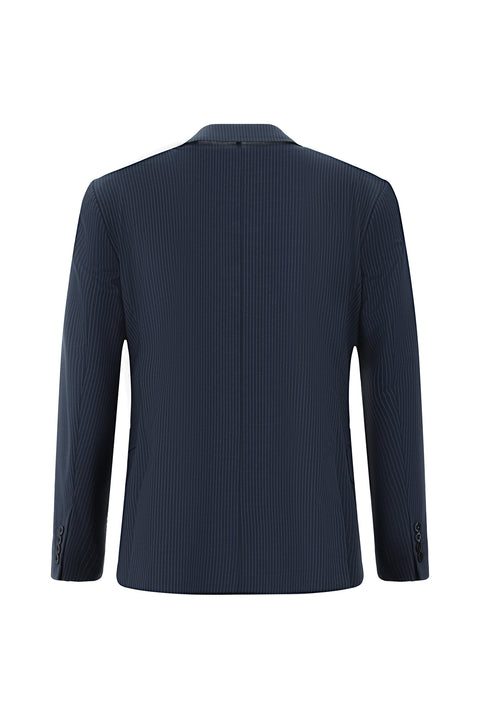 Dark Navy 7 Drop Slim Fit Narrow Cut Wool Striped Elasticated Waist Drawstring Double-Breasted Suit