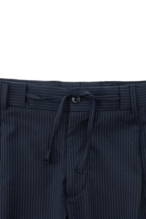 Dark Navy 7 Drop Slim Fit Narrow Cut Wool Striped Elasticated Waist Drawstring Double-Breasted Suit