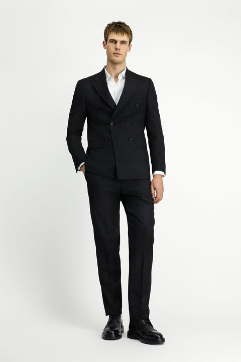 Black 6-Drop Regular Fit Standard Cut Wool Striped Double-Breasted Suit